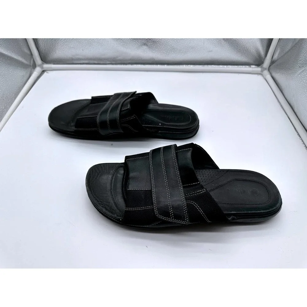 Cole Haan Mens Black Leather Nike Air Slide Sandals Stitch Detail Shoes